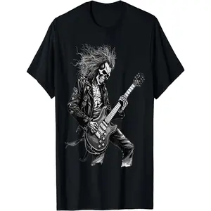 Men's Rock Skull Guitar Player Graphic T-Shirt - 100% Cotton, Short Sleeve, Crew Neck, Black | Avant-garde music band design, opaque stretch fabric | Perfect for Casual Wear, Rock Band T-Shirt Fun Shirts Casual Short-Sleeve Classic Cotton Tee Cotton