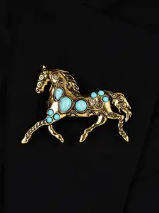 1 Piece Gold Vintage Stone Set Irregular Mascot Good Luck Horse Brooch, Vintage Elegant Bohemian Metal Ladies Men's Large Brooch, Suit Dress Coat Pin Accessories