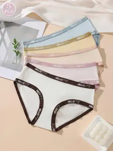 HOTCOM 5-Pack Women's Soft Cotton Fabric Triangle Panties | Elastic Low Waist Hip Bikini Lingerie, Flat Seamless Elegant Sexy Style, Daily Day Essential Womenswear Pants, Sizes S-XL