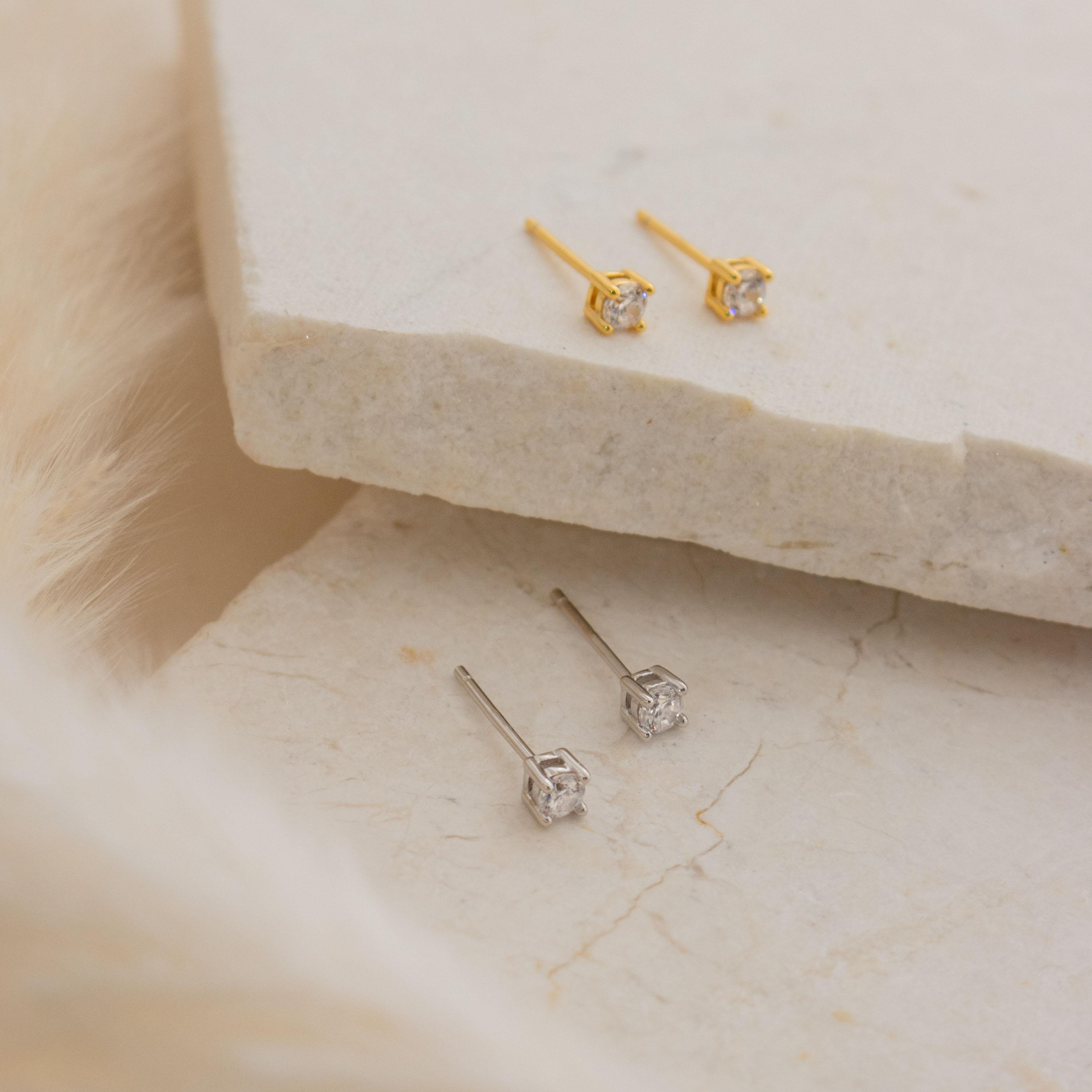 Booker Classic Diamond Studs by Caitlyn Minimalist - Dainty 3mm Crystal Stud Earrings in Gold & Silver - Minimalist Everyday Earrings - Girlfriend Gift