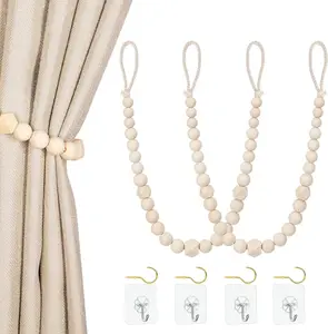 Wood Bead Curtain Tiebacks Set of 2 for Thin or Thick Window Draperies, Boho Farmhouse Design with Hooks for Home Office Room Decor