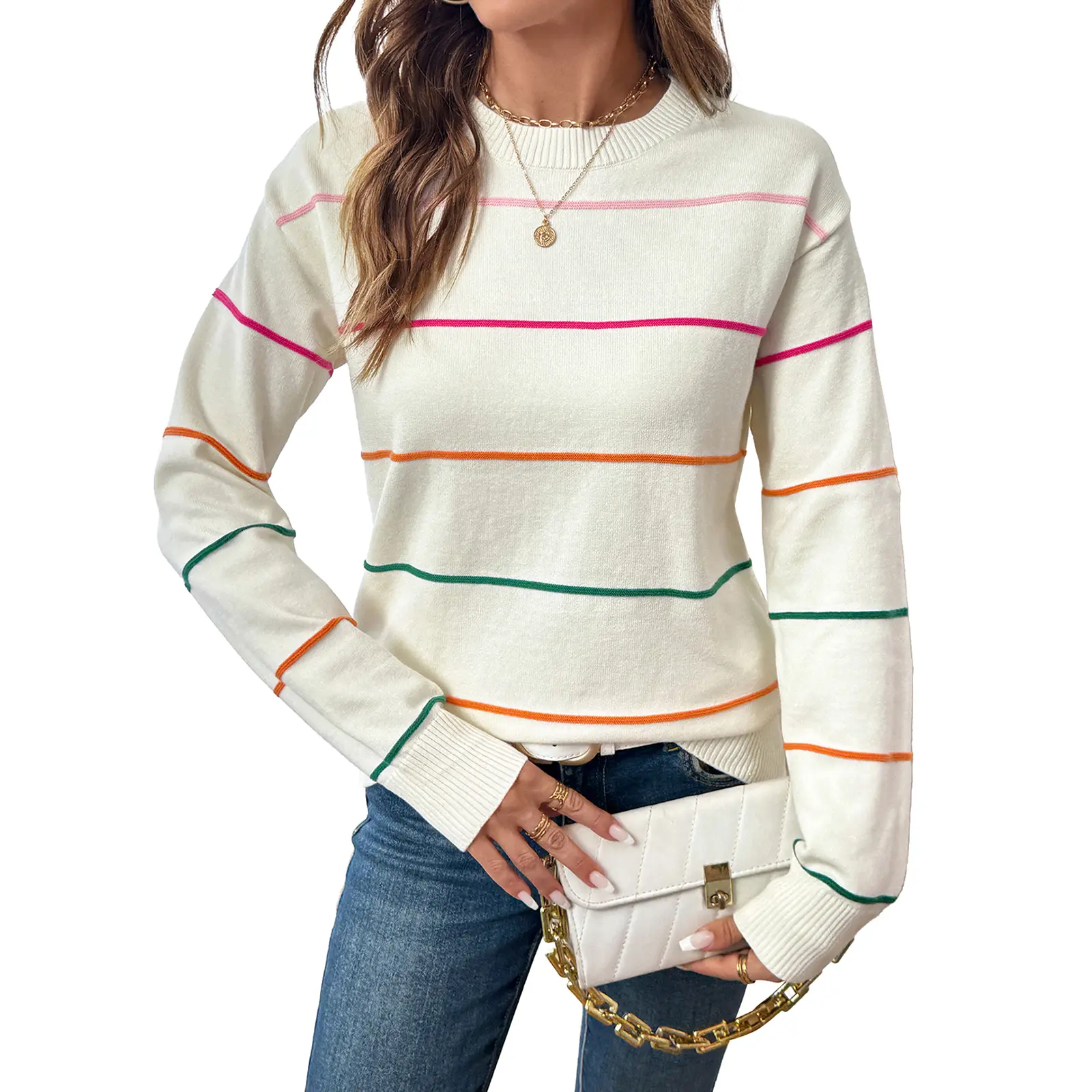 Shewin Women's Knitwear Pullover, Casual Colorful Striped Style, Oversized Long Sleeve Crew Neck Polyester Top,back to school,back to school shopping, Women's Tops, Sweaters