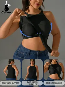 Plus Size Women's Sleeveless Sports Padded Tank Tops, Soft Skin-Friendly High Elasticity Wide Shoulder Straps, Yoga Gym Workout Shirt, Fitness Top, All Season Wear