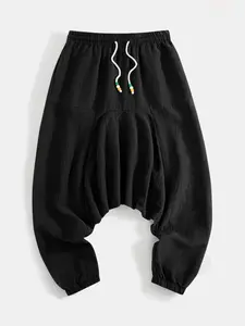 Men's Woven Linen Blend Pants, Drawstring Elastic Waist, Relaxed Fit Harem Trousers, Casual Summer Beach Wear, Plain Pattern