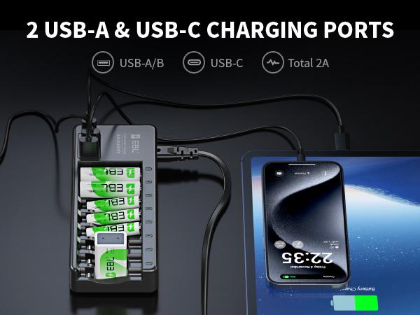 EBL AA AAA 9V Individual Battery Charger for AA AAA 9V NiMH NiCD and 9V Li-ion Rechargeable Battery, with 2 USB-A & 1 USB-C Charging Ports