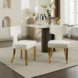 Mid Century Modern Dining Chairs Set of 2, Farmhouse Chenille Fabric Upholstered Accent Chair Curved Backrest with Copper Nails Around,Kitchen Chairs with Golden Stainless Steel Plating Legs, Beige