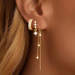 14K Gold Plated Chain Earrings for Women Dangle Dainty Hoop Earrings Set Cubic Zirconia Stud Earrings for Women