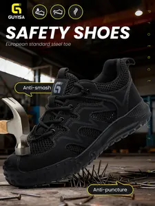 Guyisa Soft Sole Durable Summer Breathable Safety Shoes, Mesh, Low Top Work Boots, Steel Toe, Kevlar Bottom, Patchwork Design, Medium Width