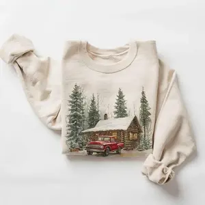 Retro Christmas red pickup truck winter cabin sweatshirt — up to 50% off! 1990s mountain pine trees, snowy day cotton pullover