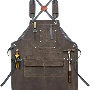 [Durable Apron] Durable Cotn Canvas Apron |   Multiple Pockets for Woodworking, Electrician, and Gardening - Adjustable Brown Faux Leather Straps & Metal Buckles Camel