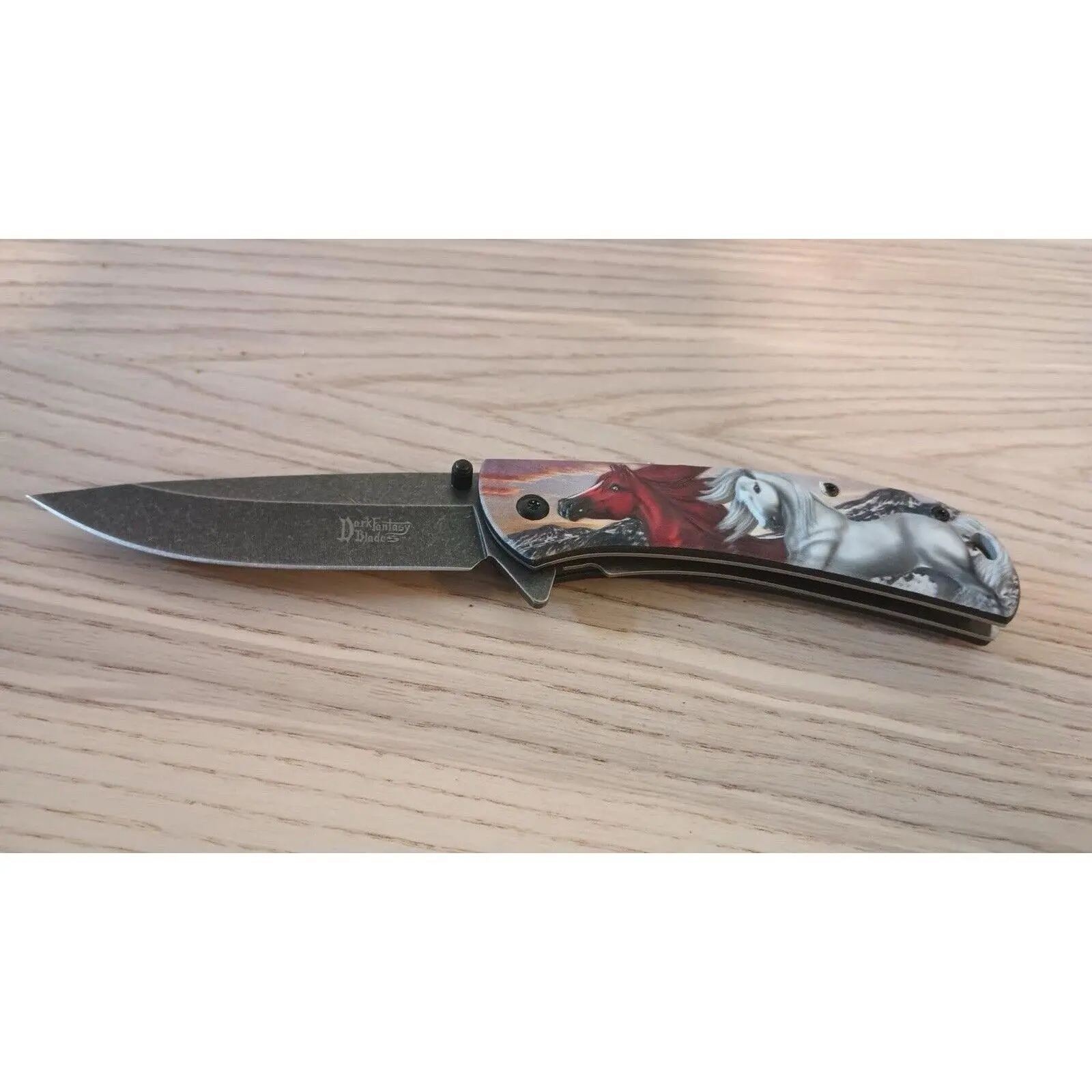 Horse Pocket Knife Full Size Equestrian Stonewashed Blade Collectible Pony Clip