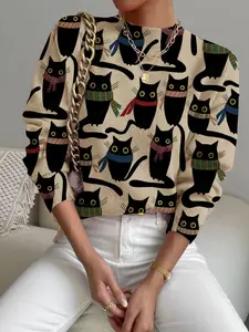 Women's Cartoon Animal Cat Print Fitted Stand Collar Sweater, Fall Winter Casual Long Sleeve Knitwear, Comfortable Warm Daily Wear Tops