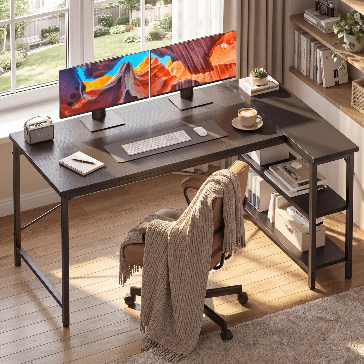 CONCETTA 47 inch L Shaped Desk with Reversible Storage Shelves, 154 lbs Capacity Computer Corner Desk for Home Office, Gaming & Writing, Black