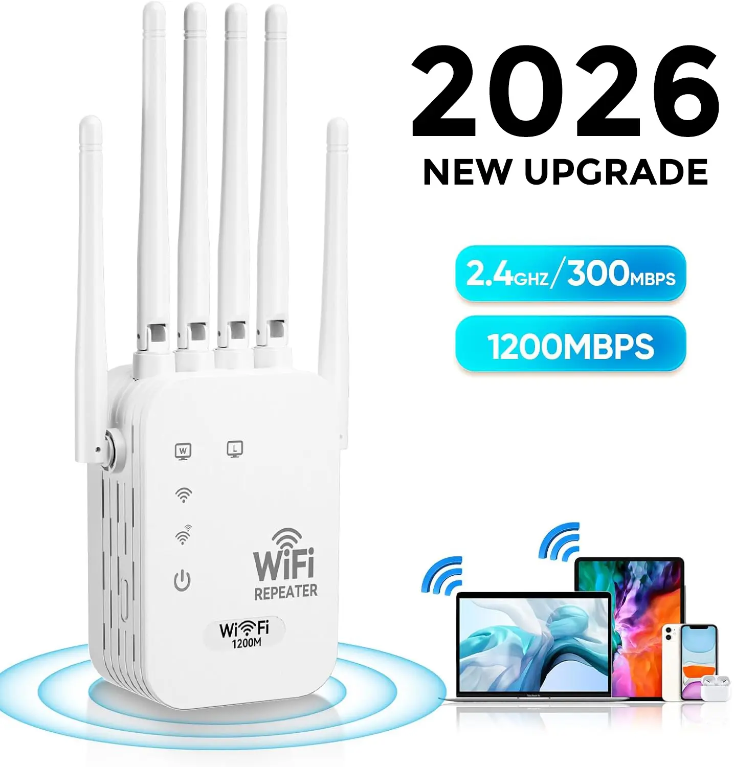 WiFi Range Extender - 2026 Upgraded WiFi Booster with 6 Directional Antennas, High-Speed Wireless Signal Amplifier, Ethernet Port, Compatible with Mainstream Devices