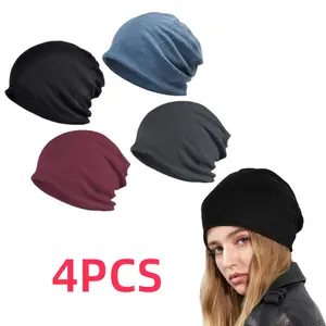 4PCS Headshion Cotton Skull Caps for Men Women,Lightweight Beanie Sleep Hats Breathable Helmet Liner
