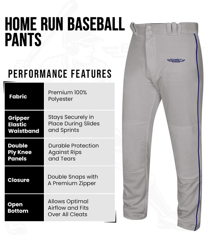 Exxact Sports Homerun Mens Baseball Pants - Full Length Baseball Pants Mens with Piping, Semi-Relaxed Open Bottom Pants (Gray / Navy Piping)