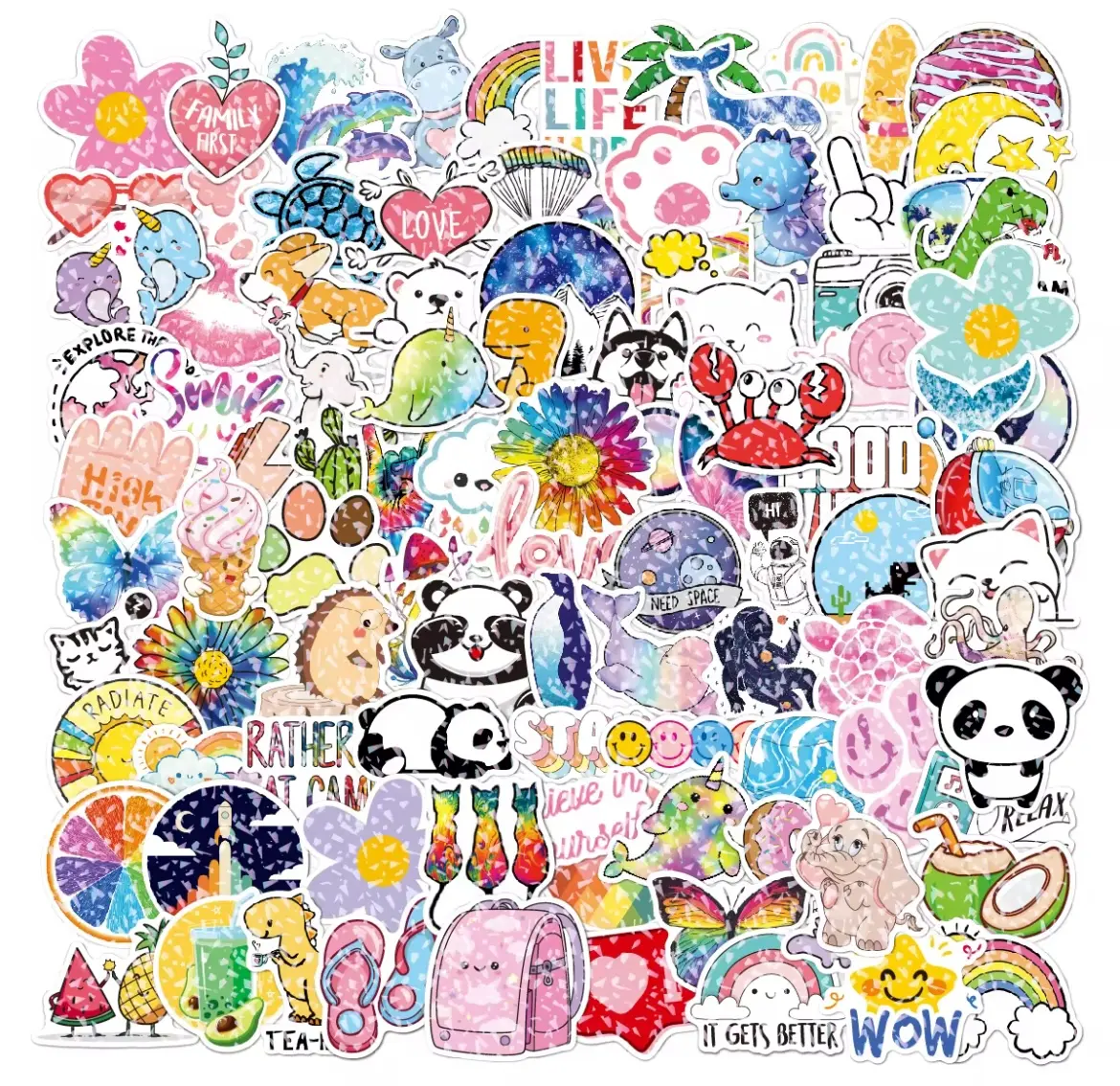 100Pcs Animal Holographic Cute Stickers, Funny Kawaii Glitter Sticker Pack, Die Cut Waterproof Vinyl Stickers, Cool Sparkly Stickers for Luggage, Skateboard, Water Bottles Best Gifts for Kids and Teens