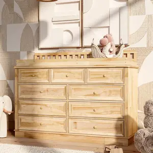Homsee Baby Changing Table Dresser 100% Solid Wood Infant Diaper Changing Station Combo 9 Drawer Baby Nursery Dresser with Removable Tray for Children's Room Bedroom Nature Color 55.1W