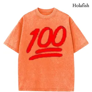 Holafish Distressed Acid Wash Orange Oversized Women T-Shirt, Bold Graffiti Underlined [100] Numeral Print Soft Cotton Loose Top, Trendy Casual Everyday & Concert Edgy Streetwear OOTD Tee