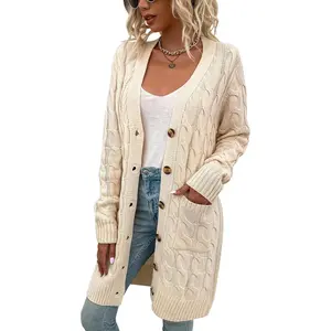 Cardigan Long Sleeve Cable Knit Sweater Open Front Loose Outwear with Pocket