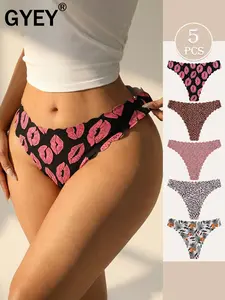 Women's Seamless Bikini Thong Panties, Soft Comfy Panties, Soft Comfort Low Waist, Multi-Color Prints, Leaf Lip Print Leopard Pattern, Breathable Skin-Friendly Fabric