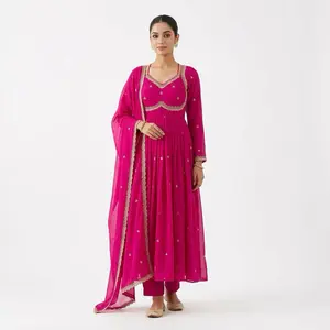 Pink long Indian dress soft fabric with embroidered Womenswear Summer Casual Vneck