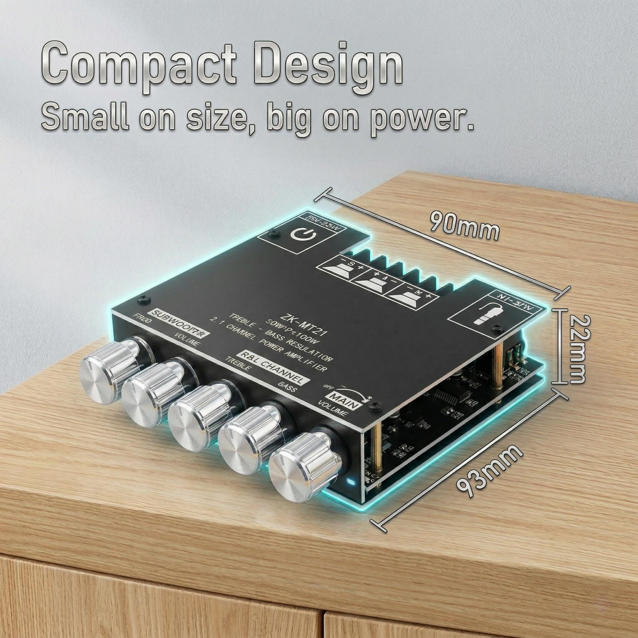 ZK-MT21 Bluetooth 5.0 Audio Amplifier Board 2.1 Channel 50W×2+100W Mini Subwoofer Power Amp HiFi Digital Audio Amp Module for Home Speakers 20-100W 4-8Ω DC 12-24V BT AUX Input