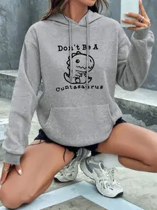 Women's Dinosaur & Letter Print Drop Shoulder Hoodie, Fashion Drawstring Kangaroo Pocket Hooded Sweatshirt, Ladies Clothes for Fall, Funny Sweatshirt