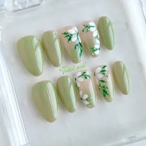 Green Indigo Whisper Handmade Press-On Nails | Long Almond Shape, 10pcs | Fresh Forest Style | Green Gradient Base & Hand-Painted White Flowers & Leaves | High Gloss Finish | Reusable DIY Nail Kit for Spring | Trendy Elegant Look | Flower Design Nails