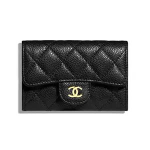 CHANEL Classic Gold Bucket Flip Top Quilted Grain Calfskin Wallet Card Holder for Women in Black