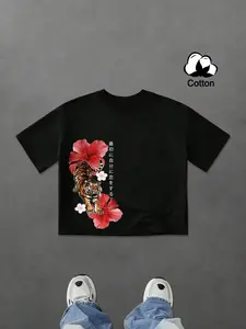Men's Japanese Ukiyo-e Tiger Stripe Tropical Floral Print Cotton Round Neck T-Shirt, loose-fitting cropped style, retro street style streetwear, Japanese elements, perfect for holiday gifts, unisex, or Matching couple outfits