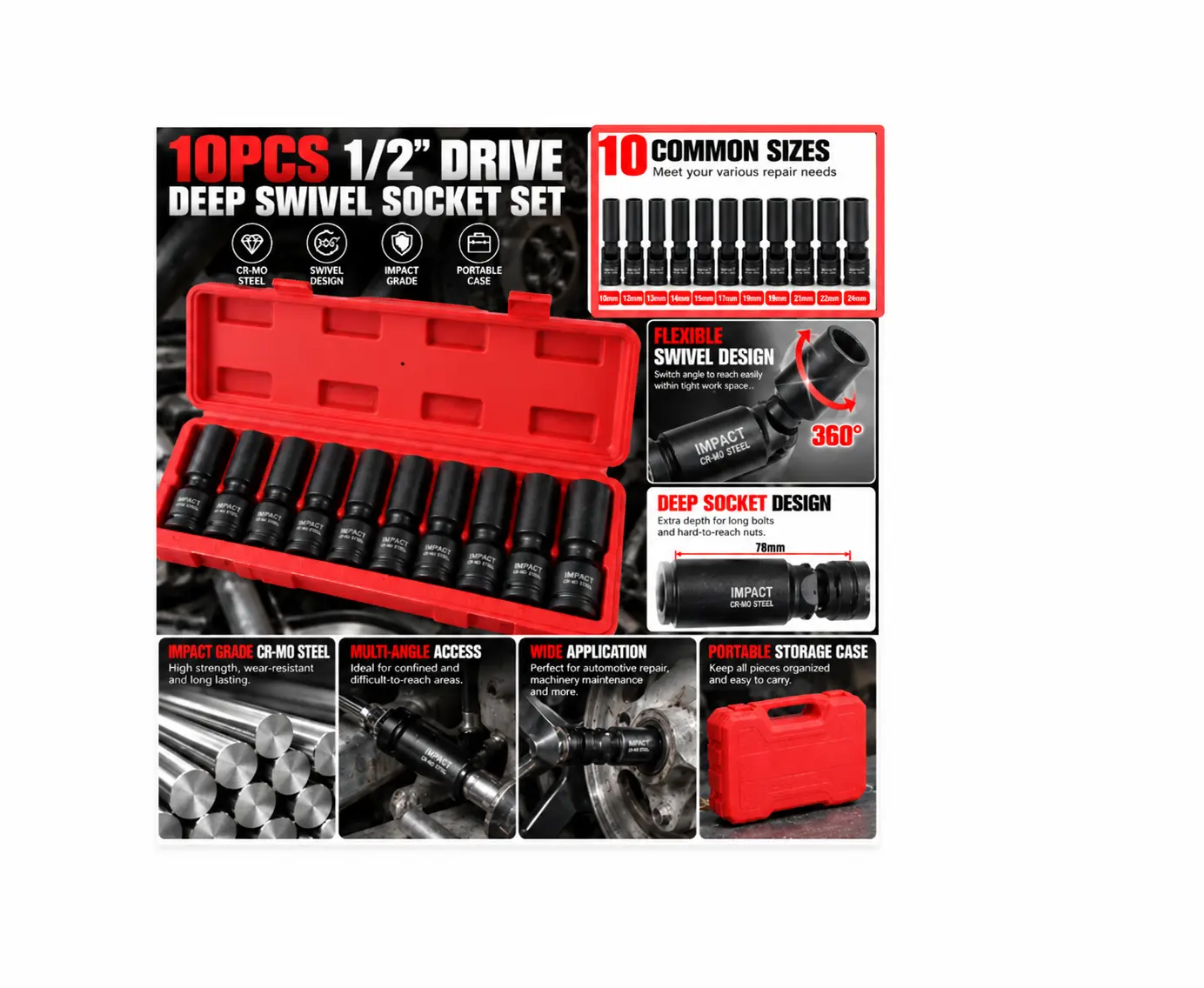 10PCS Metric Swivel Impact Socket Set - Chrome Mo, Metric Sizes Millimeters Swivel Head Universal Joint Flex Sockets with Storage Case for Mechanics, Auto Repair, Hard-to-Reach Bolts, Impact Wrench Compatible