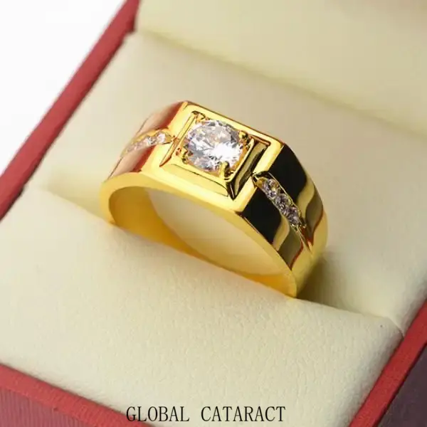 GLOBAL Popular European and American men's 24k gold ring, stylish and unique, diamond-studded, imitation gold 925 silver men's ring