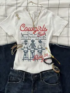Western Cowboy Style Bar T-Shirt Top, Women's American Vintage V-Neck Slim Fit Short Sleeve Summer Tee, Denim Retro Fashion Casual Wear Streetwear Womenswear Lady