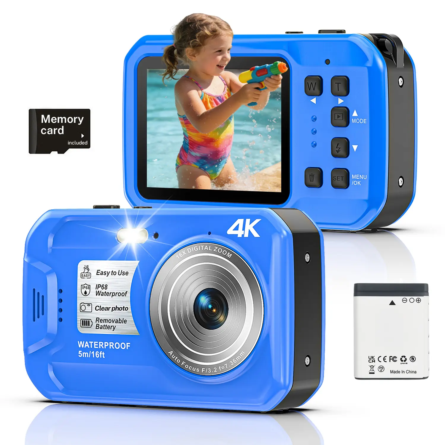Waterproof Digital Camera, Autofocus Underwater Camera, IP68 16FT Waterproof Camera with Memory Card, Compact Vlog Camera for Snorkeling, Beach, Pool & Kids Travel Charging Rechargeable,