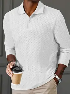 Old Money Aesthetic Mens Clothing Vintage Inspired Cable Knit Long Sleeve Polo Shirt with Structured Braid Design Timeless Top for Business Casual and Social Events