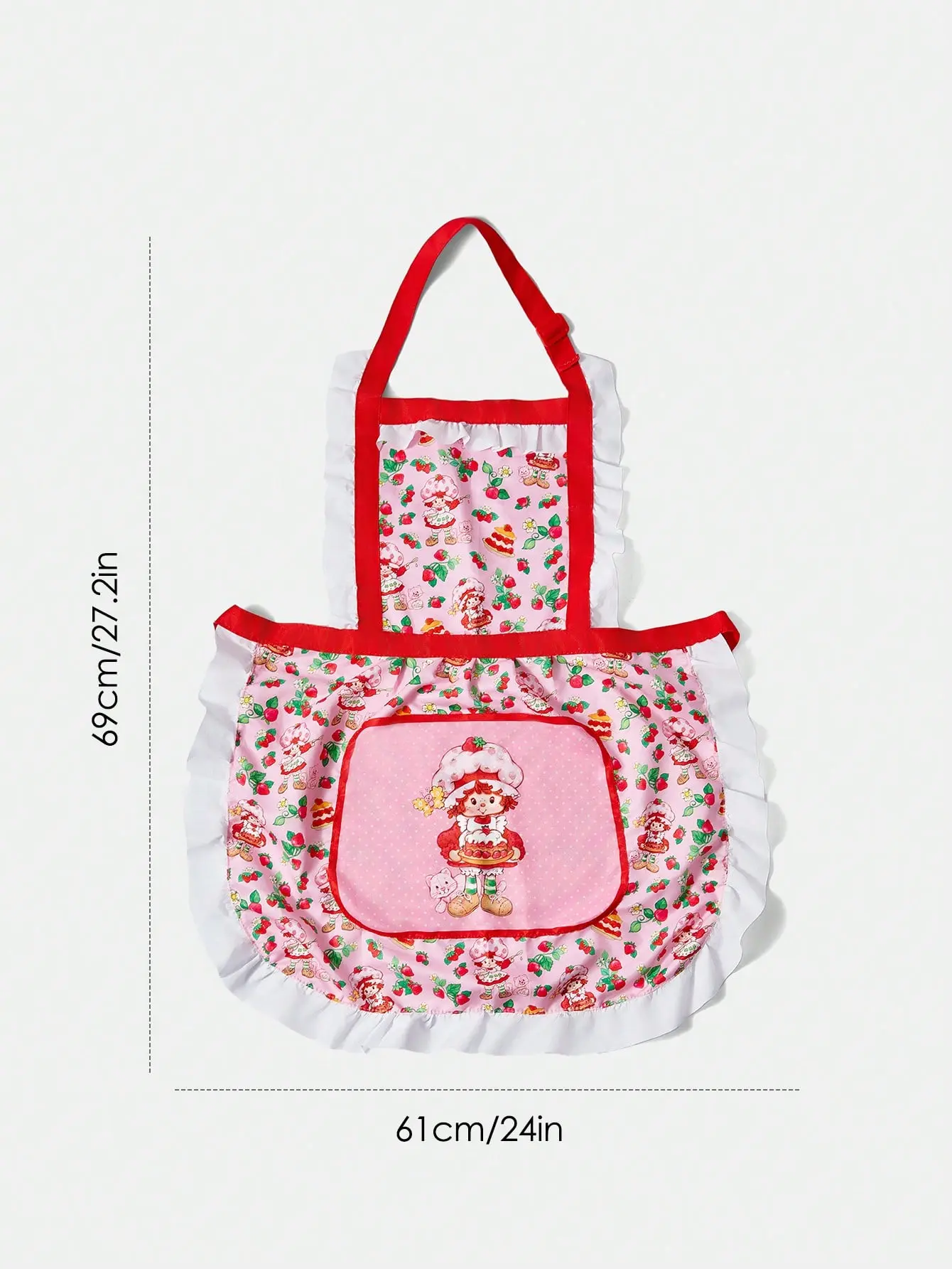 Strawberry Shortcake Strawberry Pattern 1-Piece Polyester Apron - Cute Cartoon Character, Contrast Ruffle Trim, Playful Charm, Durable Kitchen Home Care Supply, Valentine's Day Gift, One-Piece