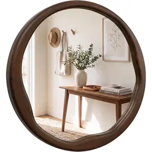 Dark Walnut Round Wall Mirror 24 Inch, Solid Wood Framed Mirror with Asymmetrical Wavy Inner Edge for Entryway, Organic Decor for Hallway & Bathroom
