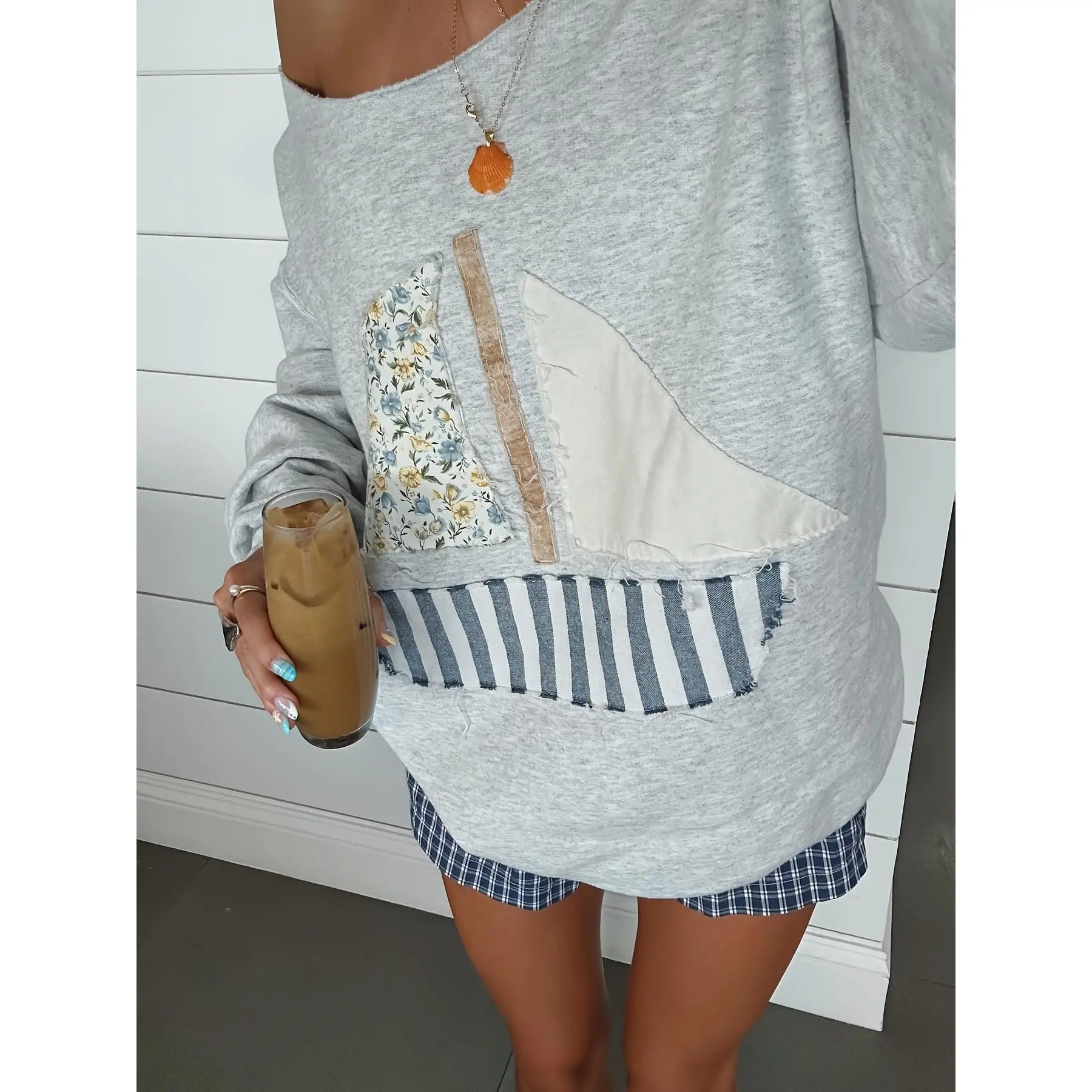 Women's Polyester Off-Shoulder Long-Sleeve Cute Hoodie Sweatshirt - Geometric Patchwork, 3D Sailboat Pattern, Sequin Sparkly Design, Elevated Casual Everyday Autumn Winter Pullover Long Sleeve Tops