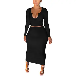 Women Sexy Two Piece Skirt Outfits Long Sleeve/Sleeveless V Neck Bodycon Ribbed Knitted Maxi Club Party Dress MNS911