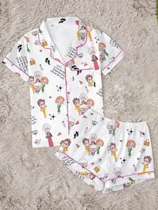 Women's Lady Sleepwear Set Two-Piece Short Sleeve Lapel Button Top and Shorts, Comfortable Casual Home Wear