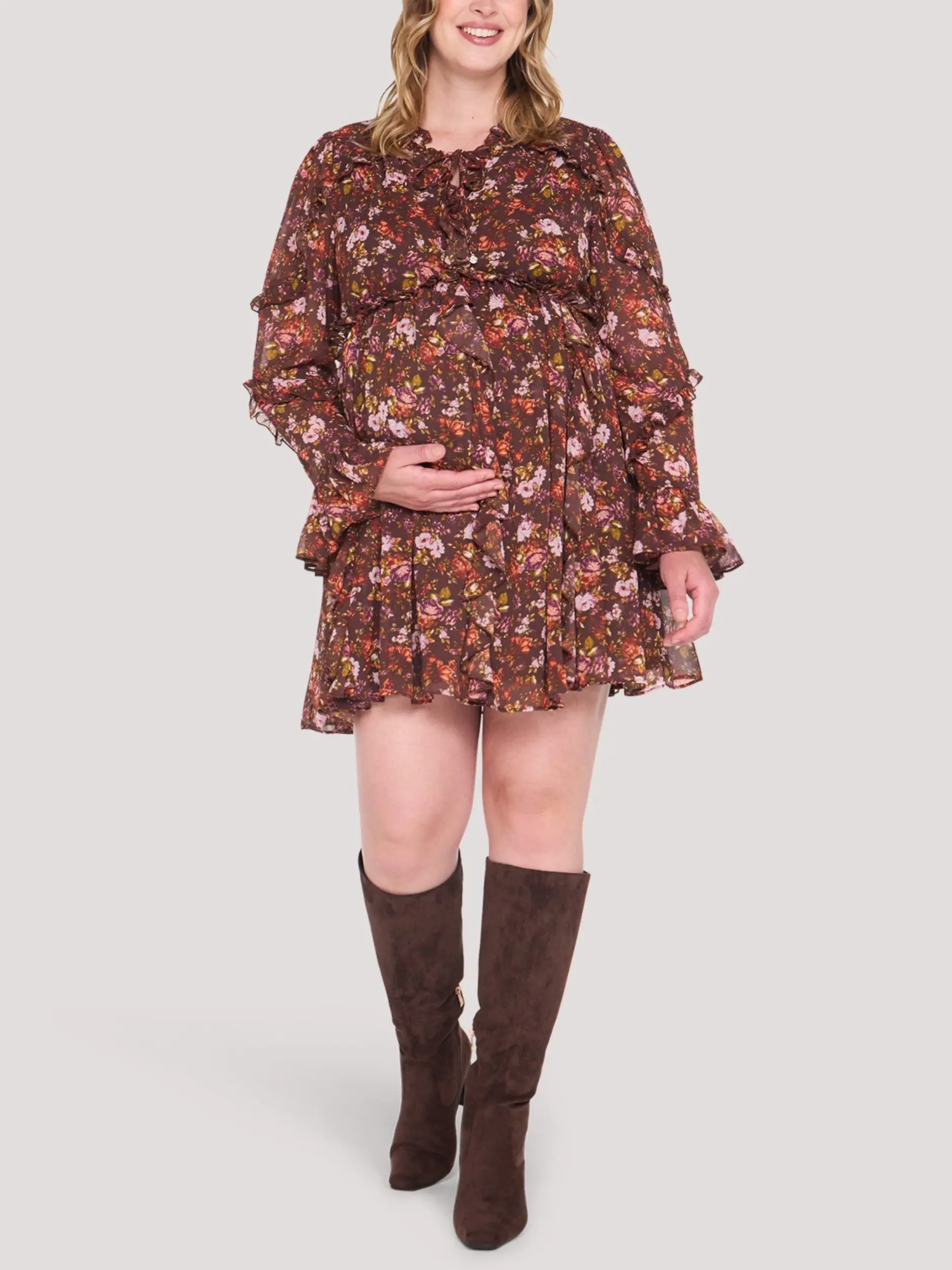 Motherhood Maternity Women's Long Sleeve Tiered Floral Ruffle Mini Dress, Pregnancy & Postpartum Dress