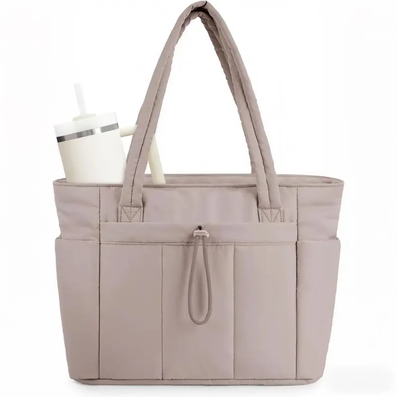 Puffer Tote Bag for Women, Multi-Pocket Lightweight Bag for Work Lightweight Puffy Handbag with Compartments, Quilted Shoulder Bag for Work, Travel, Gym Daily Use Purse Casual Commuter Bag Canvas Tote Bags