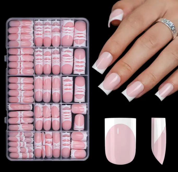 300Pcs Sharp Square French Tip Press On Nails-Anyos Gel Nail Tips Short,No File Need Tips Pre-Designed,Fake Nails for Nail Art DIY 15Sizes(Pink)
