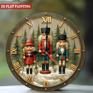 9.8inch Nutcracker Soldier and Winter Forest Roman Numeral Wall Clock - Silent Quartz Movement, Artificial Wood Round Clock, Gold Hands with Red/Blue Nutcracker Design, Suitable for Christmas, Room, Living Room