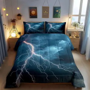 Thunder and Lightning Comforter Set for Boys Kids Cool Lightning Room Decor Natural Weather Comforter Teens Bedroom Blue Sky Bedding Set, Lightweight Soft