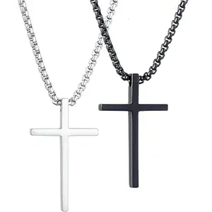 Cross Necklace for Men，Stainless Steel Cross Pendant Silver Black Cross Chain Jewerlry Gifts Box 18 inch,Colar de cruz