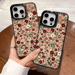 A red floral pattern phone case with leather card slot, suitable for iPhone 17/16/15/14/13/12 PRO PROMAX PLUS AIR, an ideal gift for friends, family, or couples, KBPK3