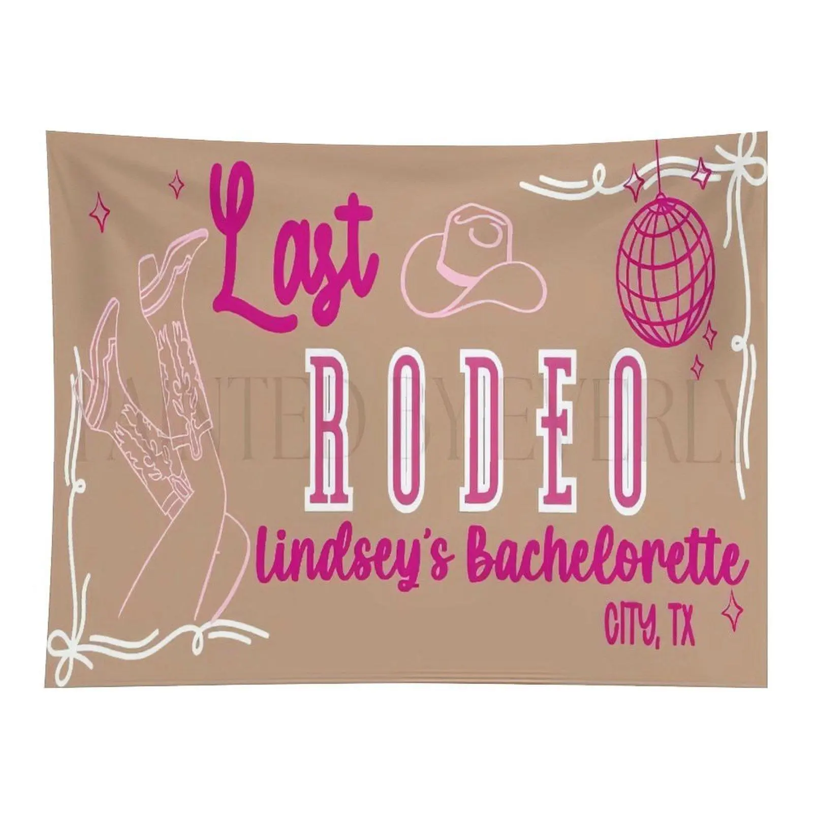 Last Rodeo Bachelorette Party Wall Tapestry, Western Cowgirl Design with Boots Hat Disco Ball for Bridal Shower and Pre‑Wedding Event Wall Ornament
