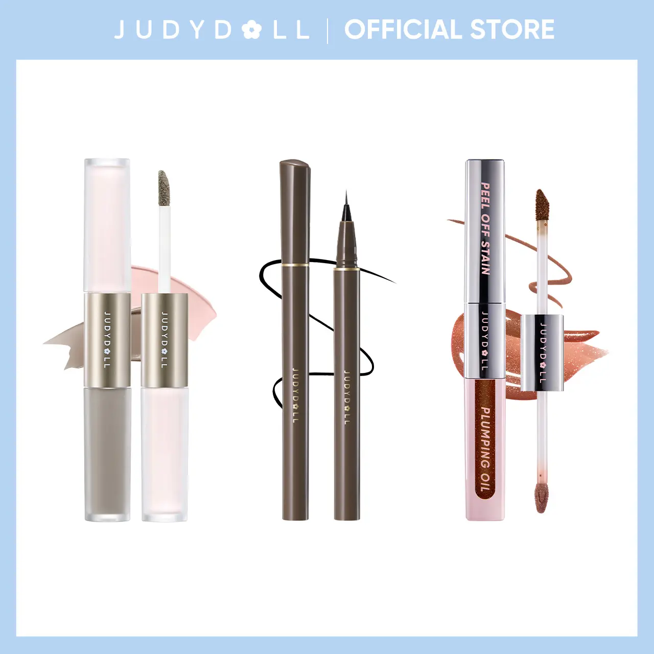 [DAUS MEGALIVE] JUDYDOLL 3Pcs Makeup Set, Liquid Eyeliner + Liquid Highlighter & Contour Duo, Peel Off Lip Stain & Plumping Oil Duo Full Face Cosmetic Kit
